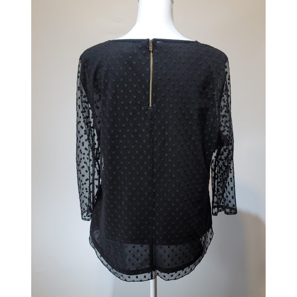 Ann Taylor Blouse Women Lined Black Swiss Dot Mesh 3/4 Sleeve Zipper Back XL - Picture 2 of 11